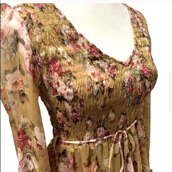 OPT Wick smocked chiffon gold and pink midi dress - Picture 5 of 11